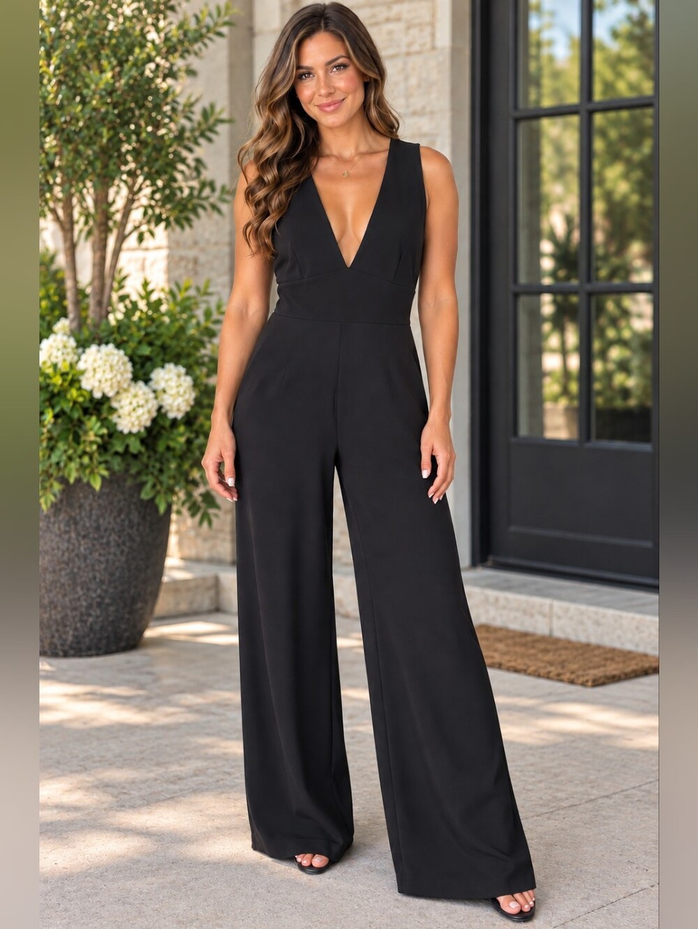 NWT Lulu's Sleek Black Deep V Neck Wide Leg Jumpsuit